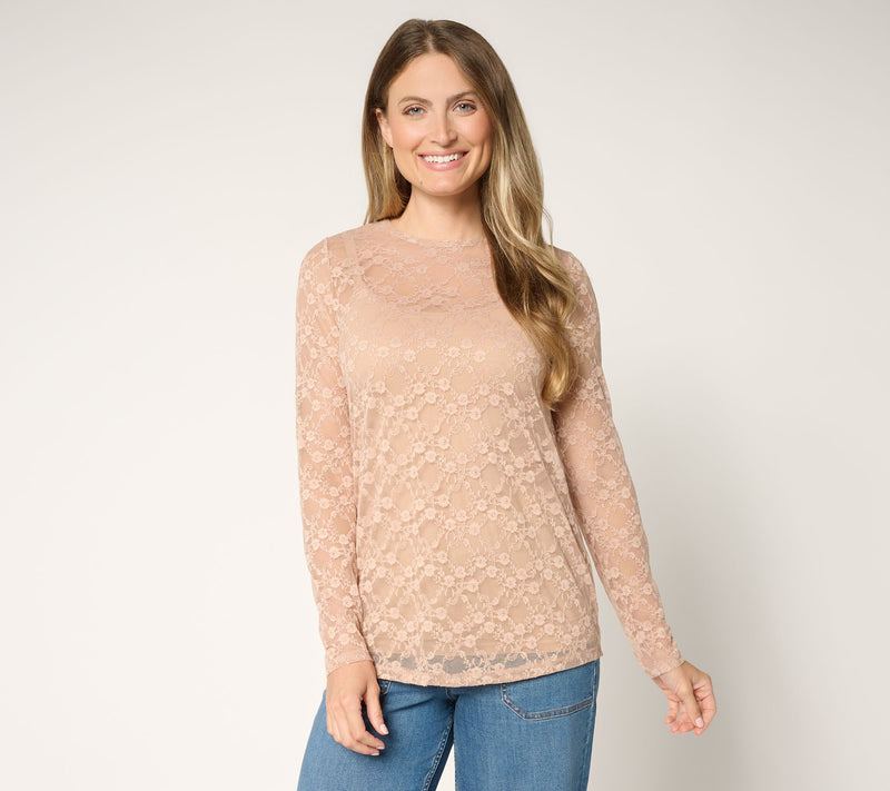LOGO Layers by Lori Goldstein Stretch Lace Long Sleeve Top — View 13