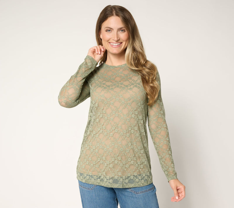 LOGO Layers by Lori Goldstein Stretch Lace Long Sleeve Top — View 14