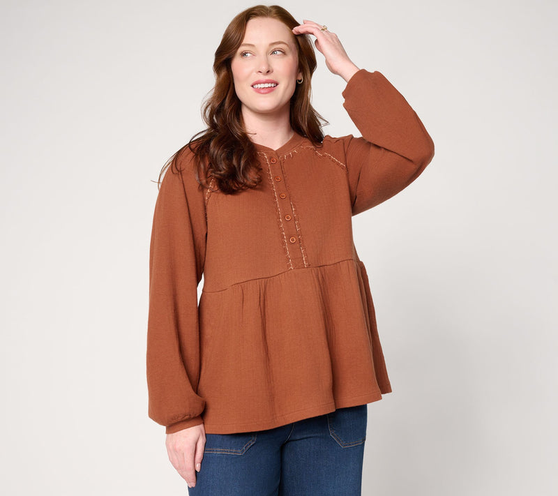 LOGO by Lori Goldstein 100% Cotton Knit Blouse with Peplum — View 10