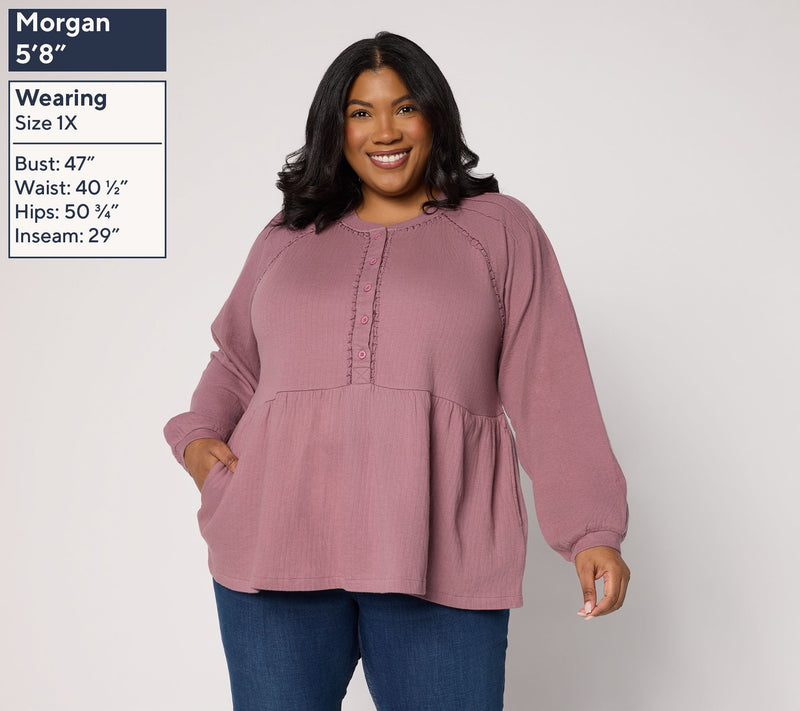 LOGO by Lori Goldstein 100% Cotton Knit Blouse with Peplum — View 2
