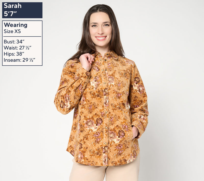 Joan Rivers Printed Floral Corduroy Snap Front Shirt — View 7