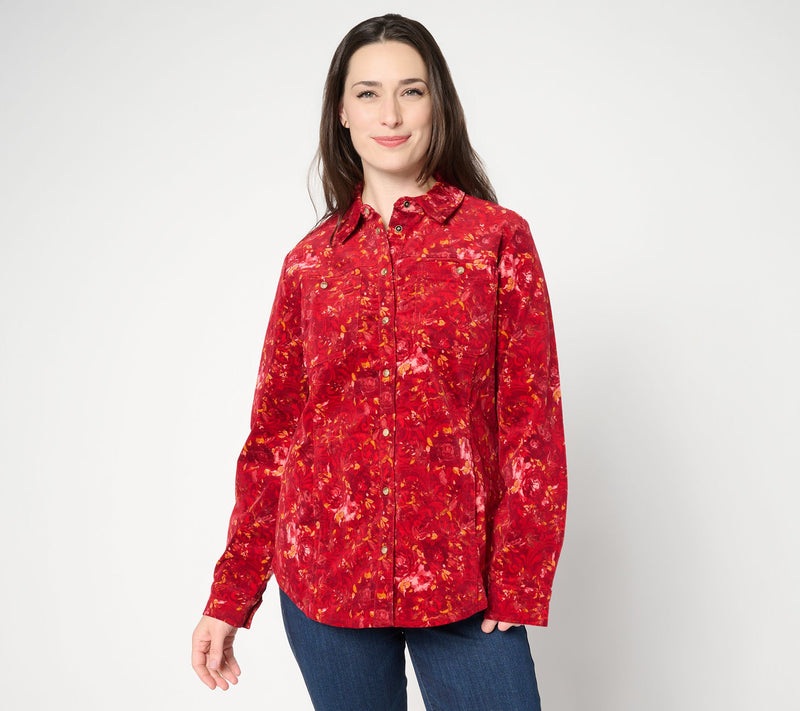 Joan Rivers Printed Floral Corduroy Snap Front Shirt — View 12
