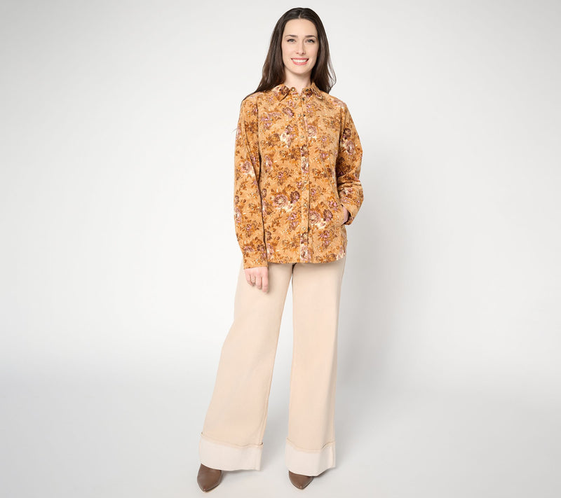 Joan Rivers Printed Floral Corduroy Snap Front Shirt — View 9