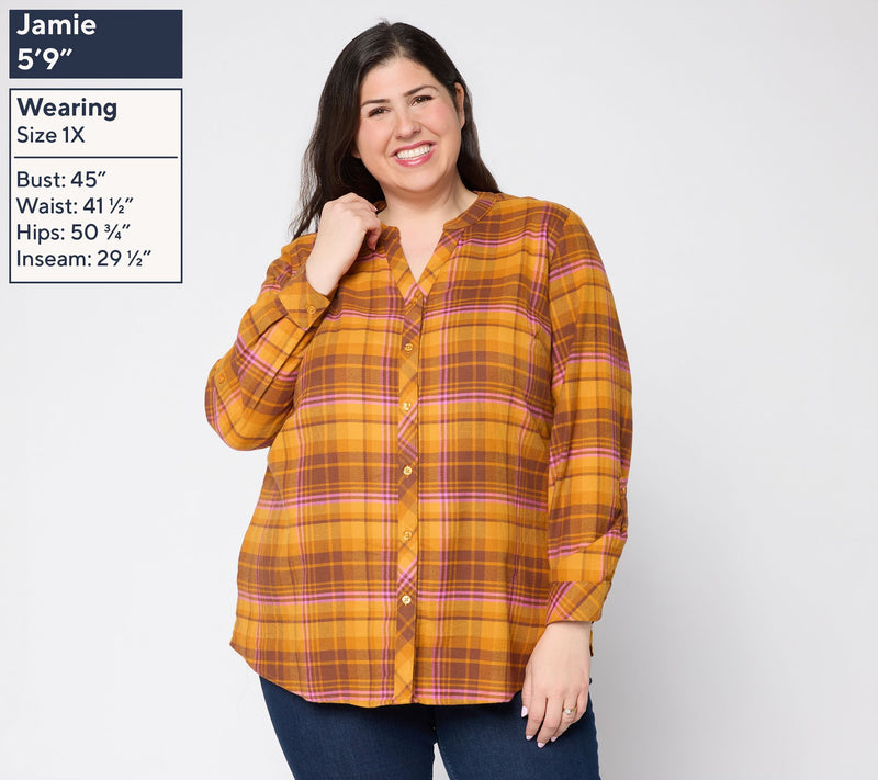 Joan Rivers Double Brushed Flannel Boyfriend Roll-Tab Shirt — View 3
