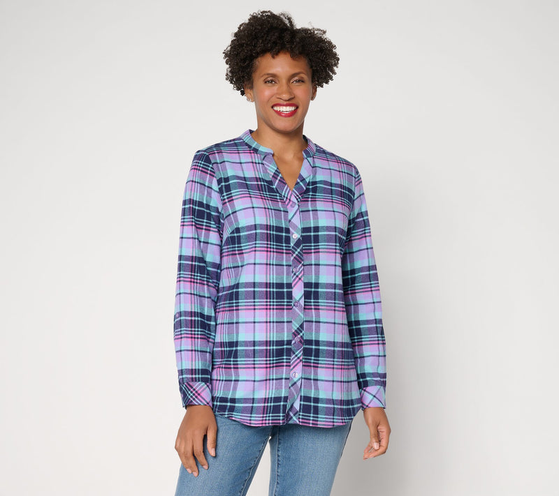 Joan Rivers Double Brushed Flannel Boyfriend Roll-Tab Shirt — View 10