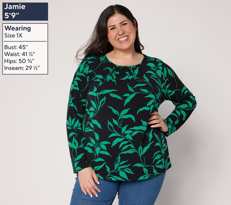 Susan Graver Printed Liquid Knit Crew Neck Top with Shirring — View 5