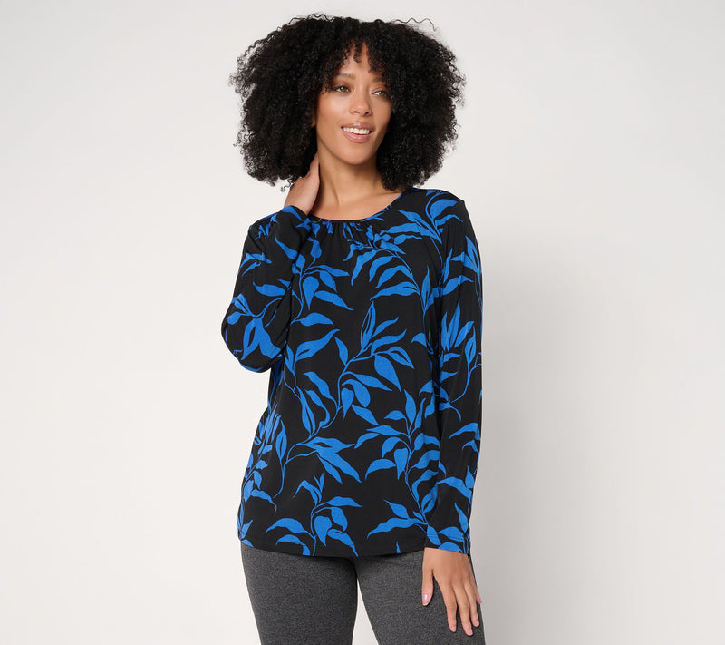 Susan Graver Printed Liquid Knit Crew Neck Top with Shirring — View 11