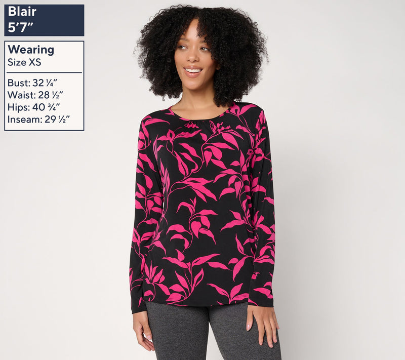 Susan Graver Printed Liquid Knit Crew Neck Top with Shirring — View 6