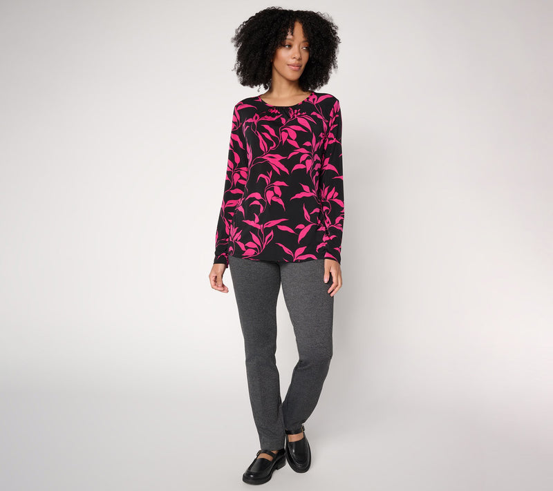 Susan Graver Printed Liquid Knit Crew Neck Top with Shirring — View 8