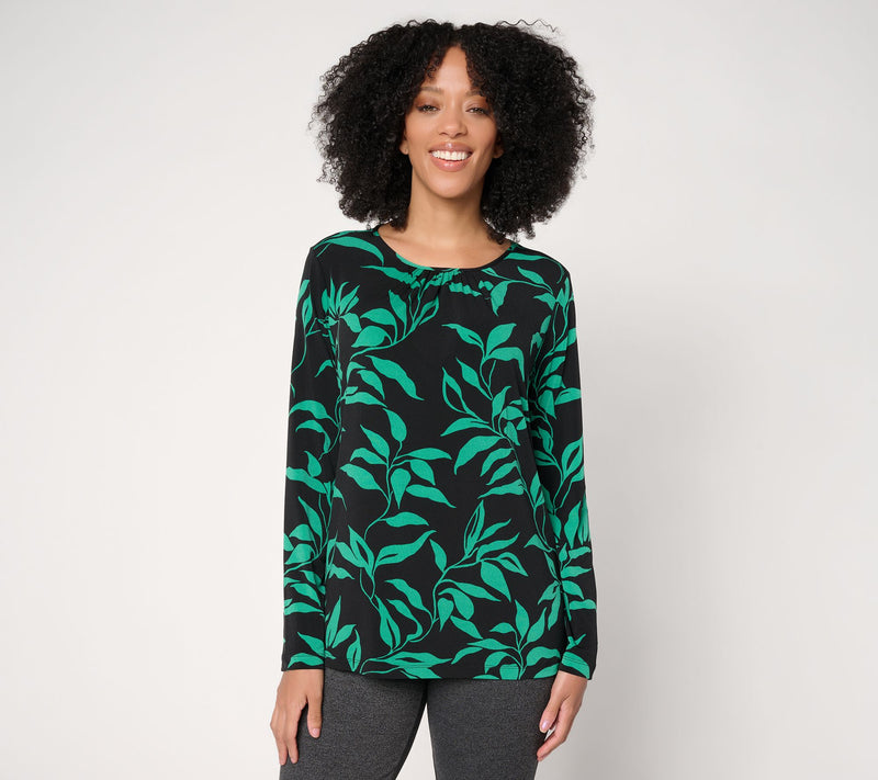 Susan Graver Printed Liquid Knit Crew Neck Top with Shirring — View 12