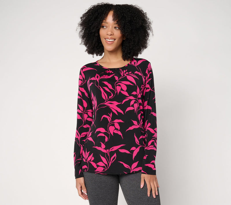 Susan Graver Printed Liquid Knit Crew Neck Top with Shirring — View 13