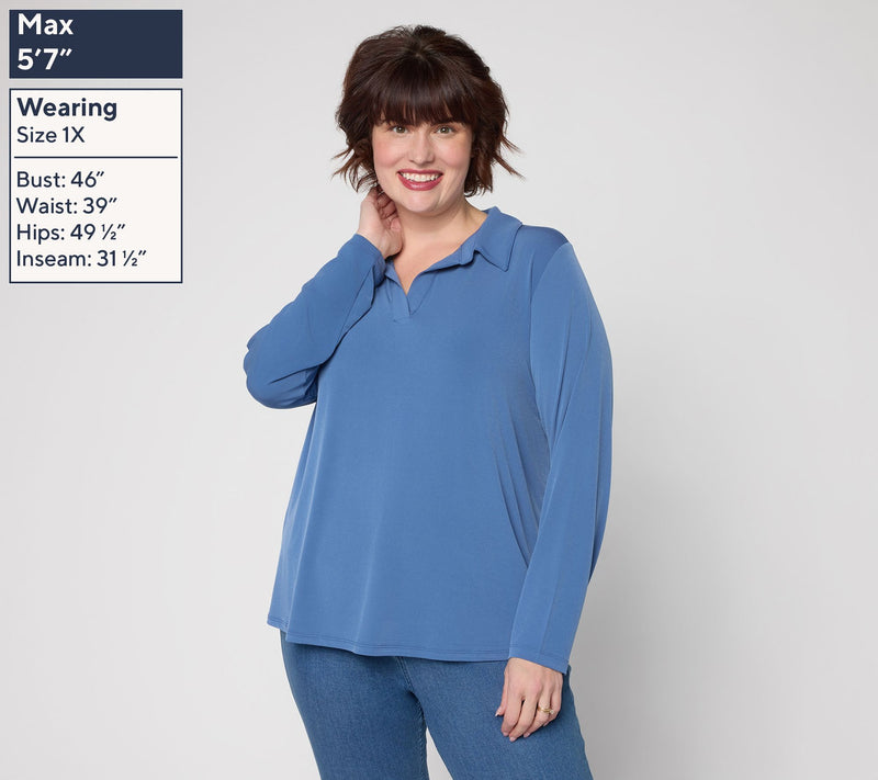 Susan Graver Liquid Knit Pullover Henley Top with Shirttail — View 2