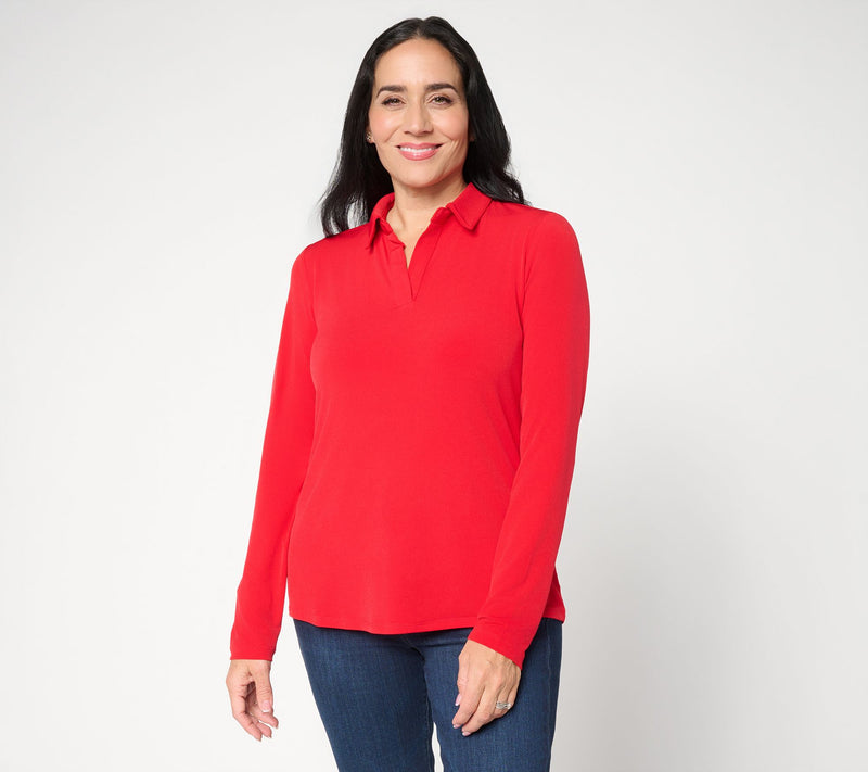Susan Graver Liquid Knit Pullover Henley Top with Shirttail — View 12