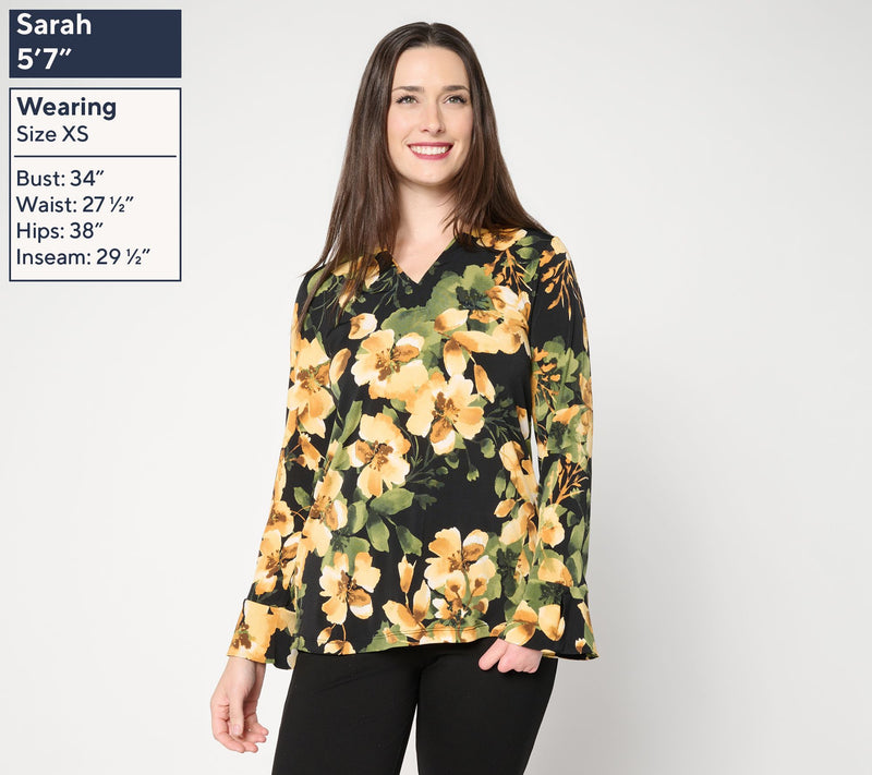 Susan Graver Printed Liquid Knit Split Neck Top with Flounce Sleeves — View 3