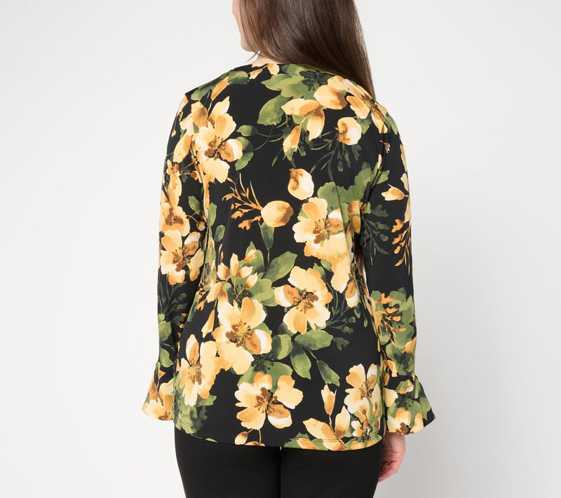 Susan Graver Printed Liquid Knit Split Neck Top with Flounce Sleeves — View 4