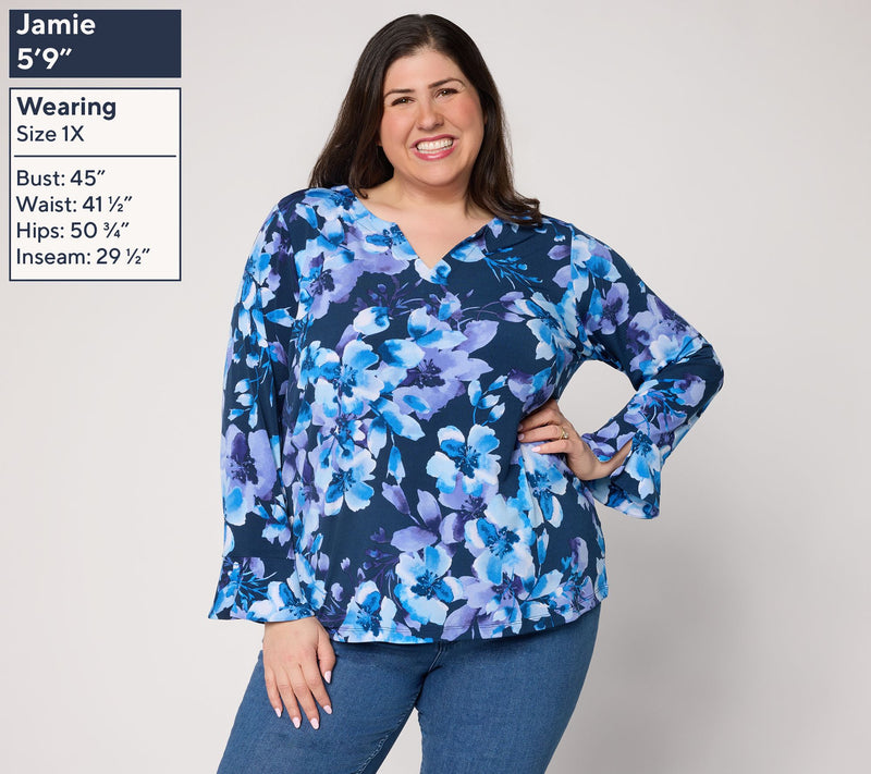 Susan Graver Printed Liquid Knit Split Neck Top with Flounce Sleeves — View 2