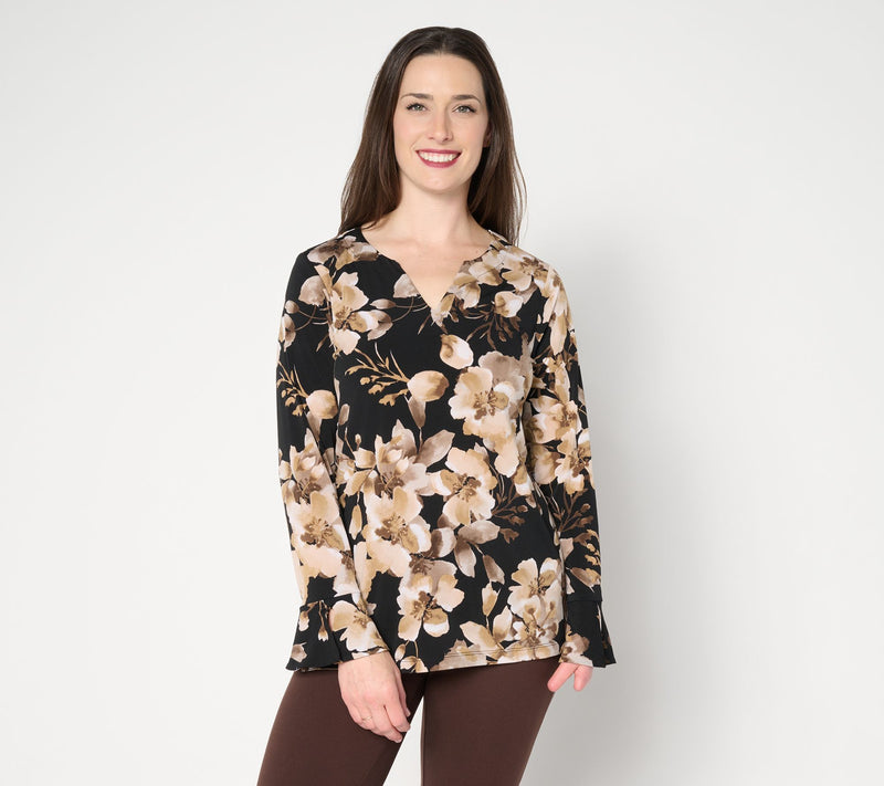 Susan Graver Printed Liquid Knit Split Neck Top with Flounce Sleeves — View 11