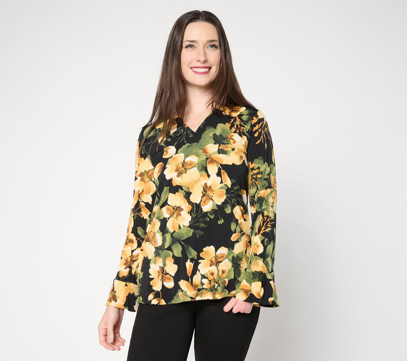 Susan Graver Printed Liquid Knit Split Neck Top with Flounce Sleeves — Main view