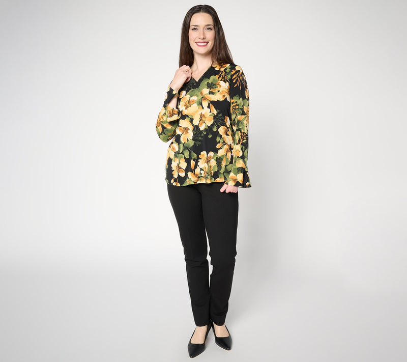 Susan Graver Printed Liquid Knit Split Neck Top with Flounce Sleeves — View 5