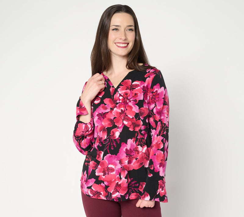 Susan Graver Printed Liquid Knit Split Neck Top with Flounce Sleeves — View 12