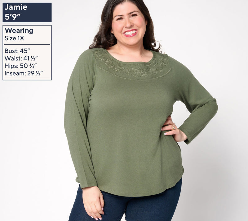 Denim & Co. Drapey Cotton Blend Embroidered Boat Neck Top — View 2