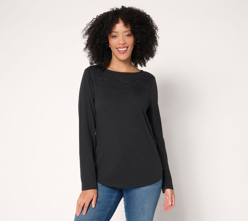 Denim & Co. Drapey Cotton Blend Embroidered Boat Neck Top — View 10