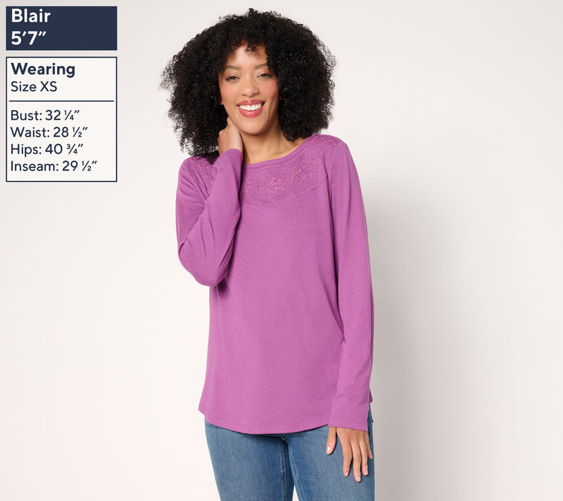 Denim & Co. Drapey Cotton Blend Embroidered Boat Neck Top — View 3