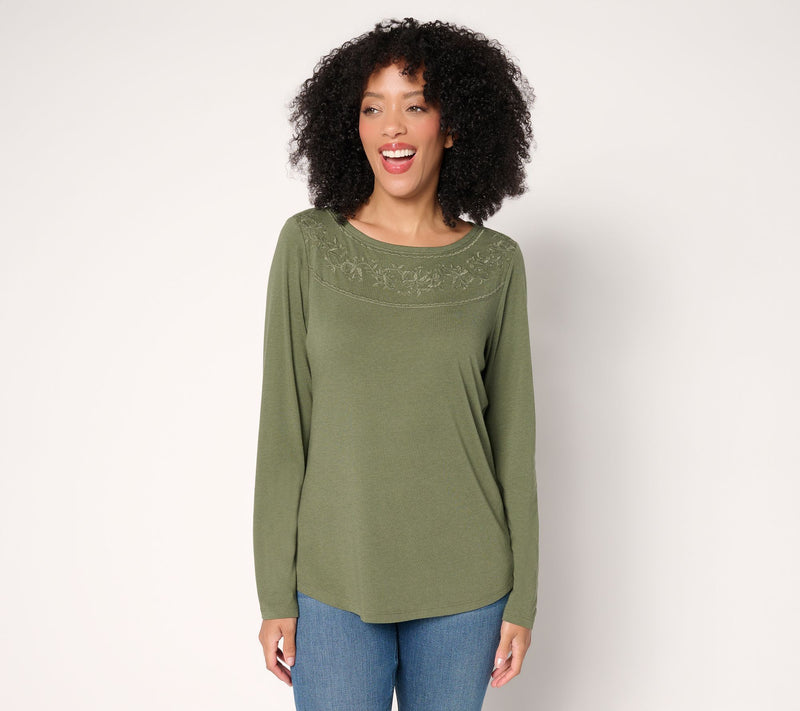 Denim & Co. Drapey Cotton Blend Embroidered Boat Neck Top — View 11