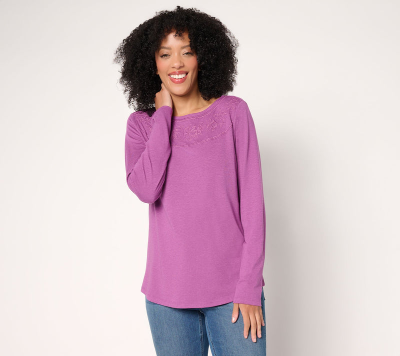 Denim & Co. Drapey Cotton Blend Embroidered Boat Neck Top — View 12