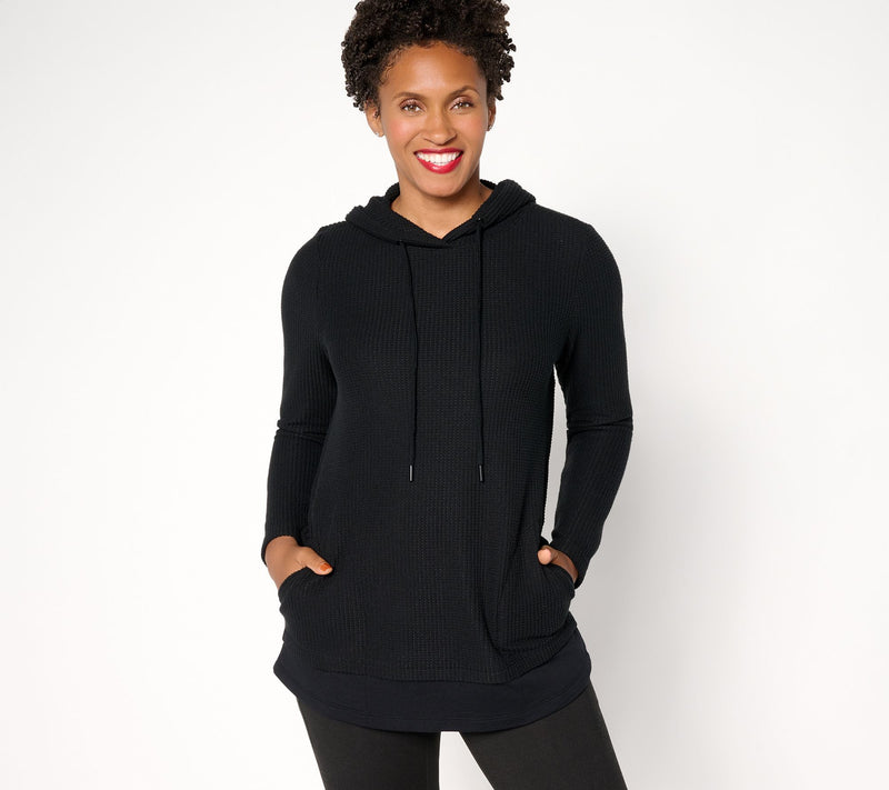 Denim & Co. Active Waffle Knit Mixed Media Hooded Pullover — View 11
