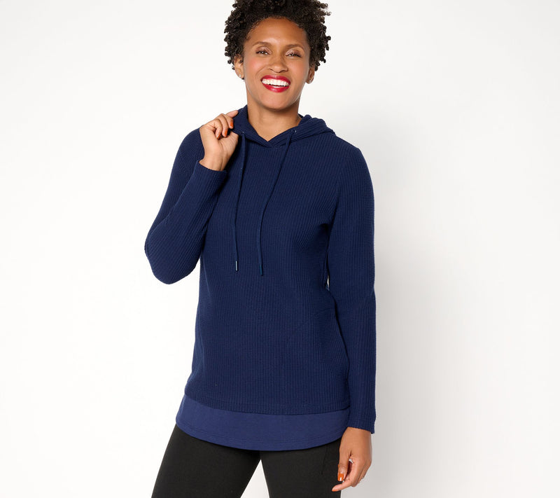 Denim & Co. Active Waffle Knit Mixed Media Hooded Pullover — View 12