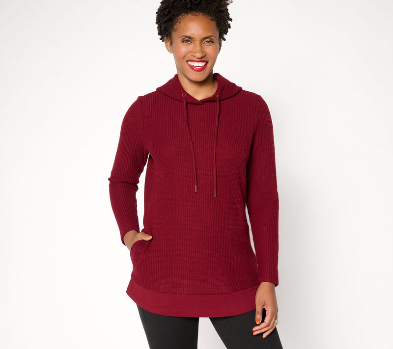 Denim & Co. Active Waffle Knit Mixed Media Hooded Pullover — Main view