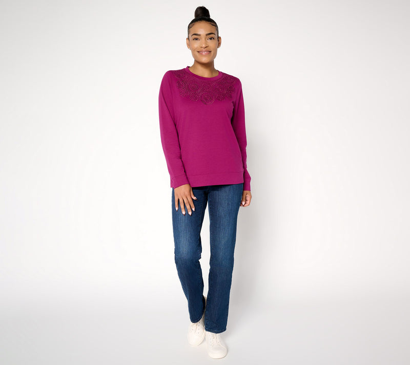 Denim & Co. French Terry Long Sleeve Pullover with Lace Detail — View 6