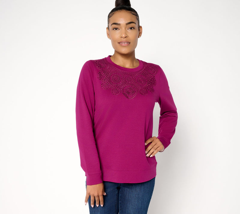 Denim & Co. French Terry Long Sleeve Pullover with Lace Detail — Main view