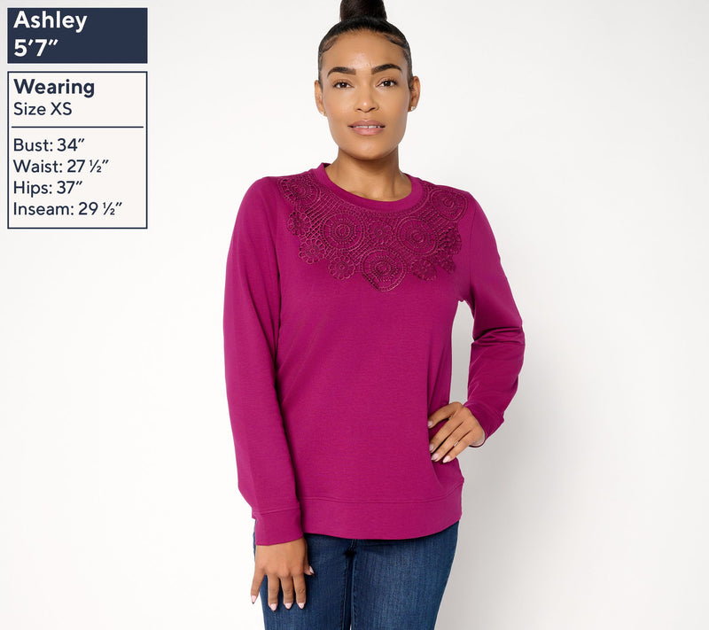 Denim & Co. French Terry Long Sleeve Pullover with Lace Detail — View 4