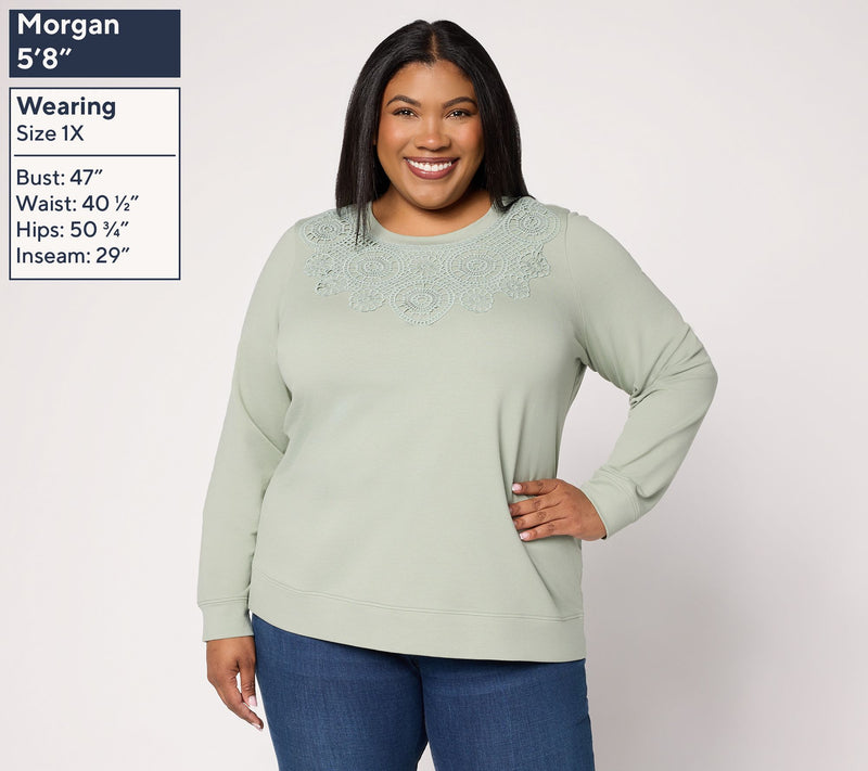 Denim & Co. French Terry Long Sleeve Pullover with Lace Detail — View 3
