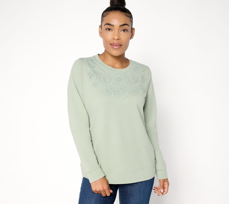 Denim & Co. French Terry Long Sleeve Pullover with Lace Detail — View 11
