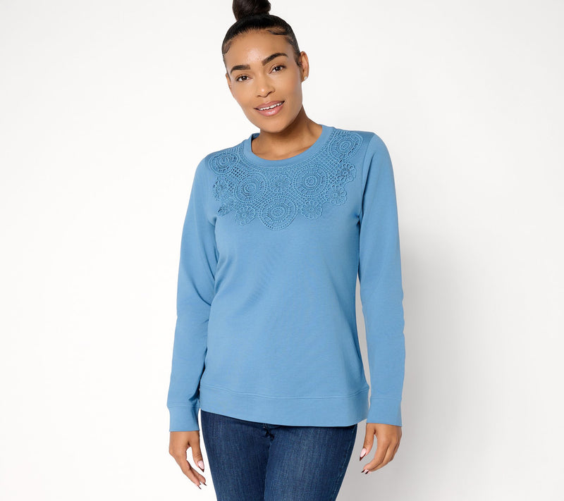 Denim & Co. French Terry Long Sleeve Pullover with Lace Detail — View 12