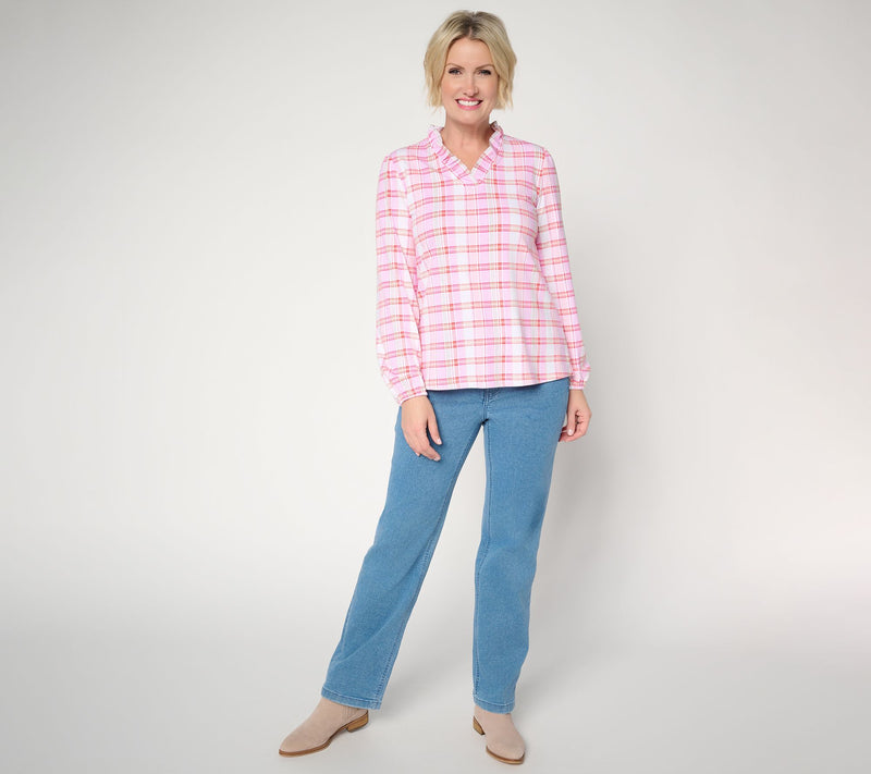 Denim & Co. Plaid Favorite Jersey Ruffled V-Neck Top — View 5