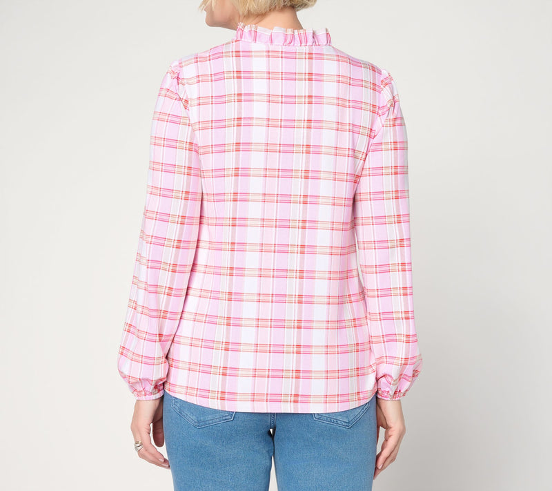 Denim & Co. Plaid Favorite Jersey Ruffled V-Neck Top — View 4