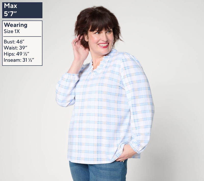 Denim & Co. Plaid Favorite Jersey Ruffled V-Neck Top — View 2