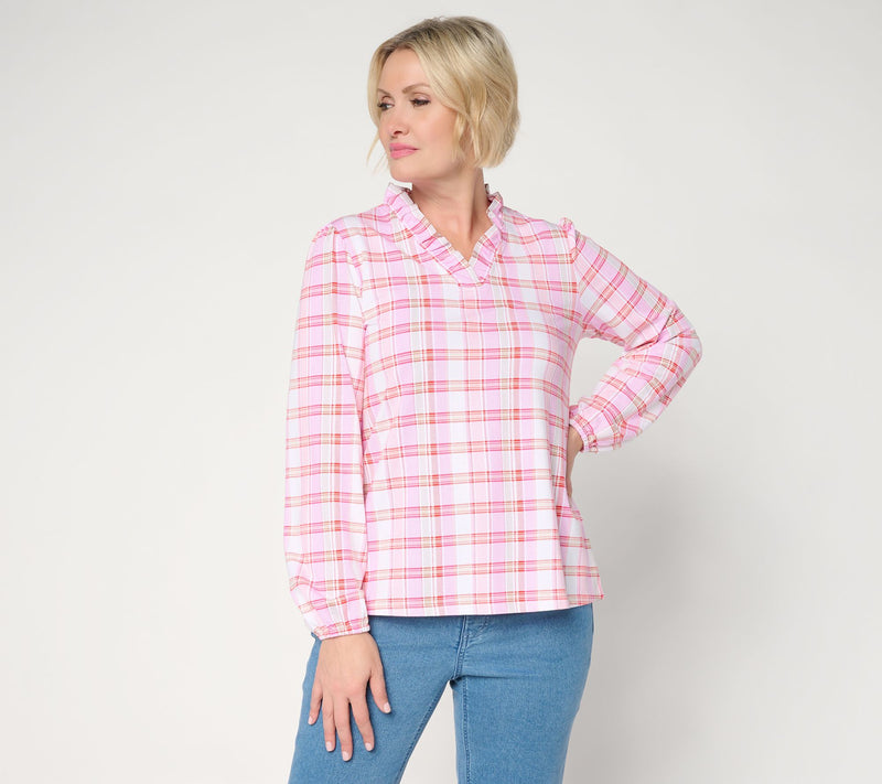 Denim & Co. Plaid Favorite Jersey Ruffled V-Neck Top — Main view