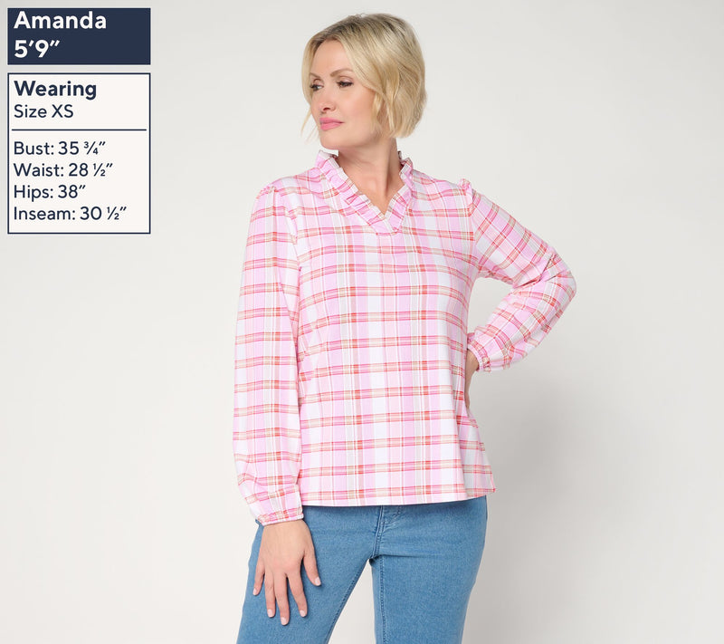 Denim & Co. Plaid Favorite Jersey Ruffled V-Neck Top — View 3