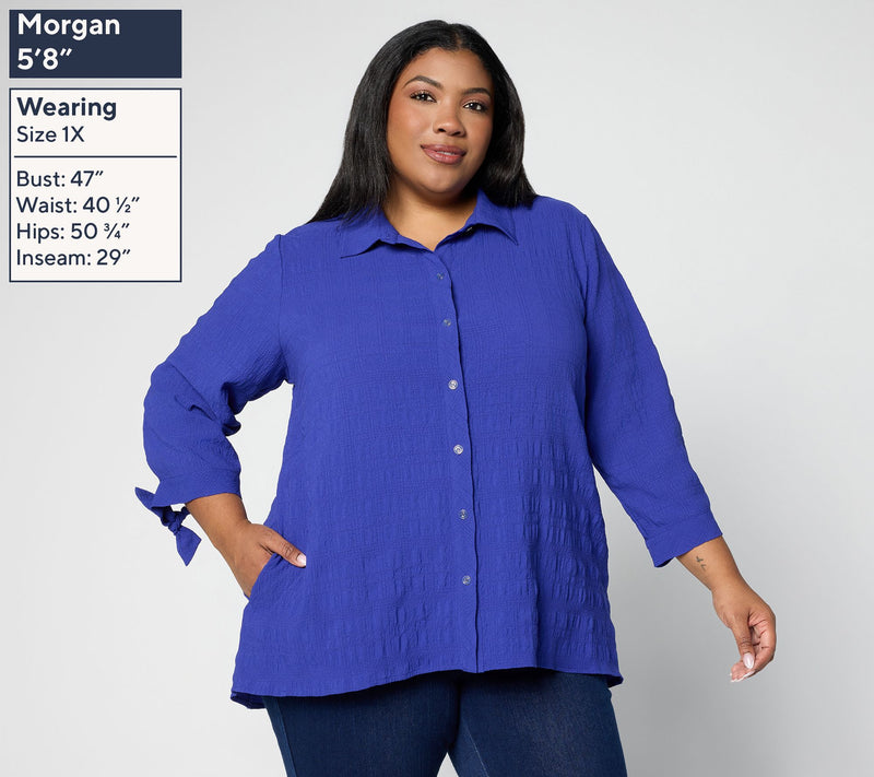 Susan Graver Petite Pucker Woven Button Front Shirt — View 10