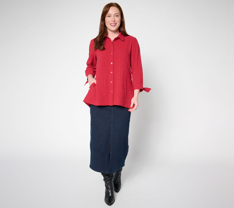 Susan Graver Petite Pucker Woven Button Front Shirt — View 13