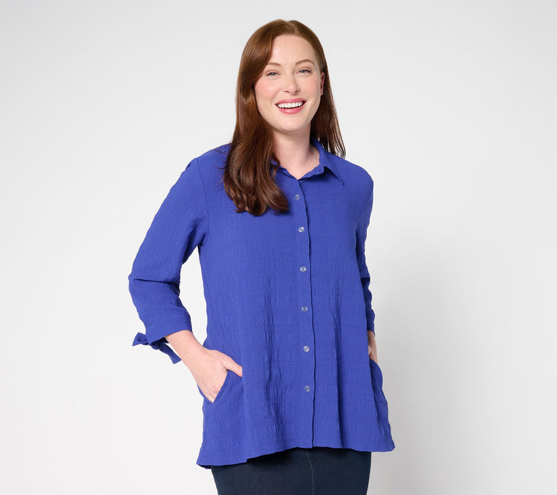 Susan Graver Petite Pucker Woven Button Front Shirt — View 7