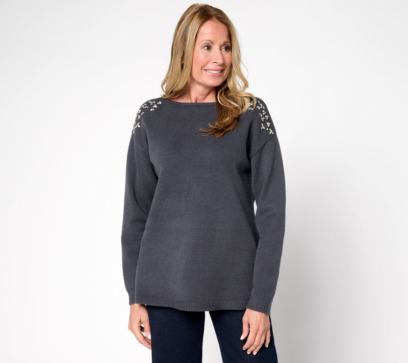 Susan Graver Bateau Neck Embellished Sweater — View 11