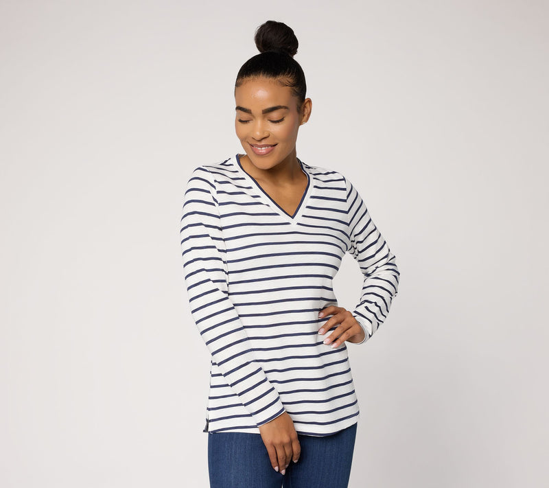 Belle by Kim Gravel Slub Knit Stripe V-Neck Top — View 12