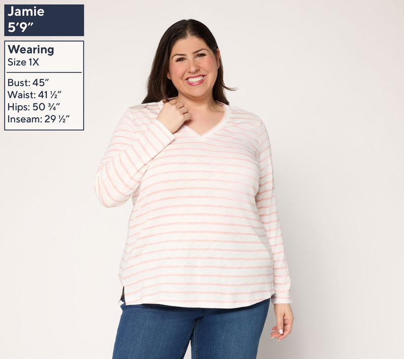 Belle by Kim Gravel Slub Knit Stripe V-Neck Top — View 2