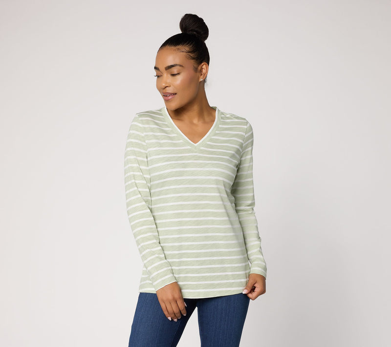 Belle by Kim Gravel Slub Knit Stripe V-Neck Top — View 13